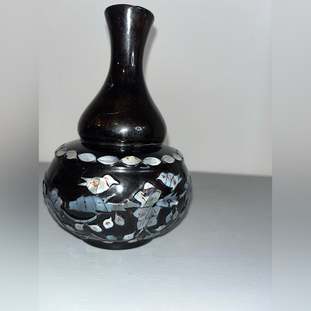 Vintage Orient Express Black Plastic Mother Of Pearl Vase Korea Floral BirdMotif